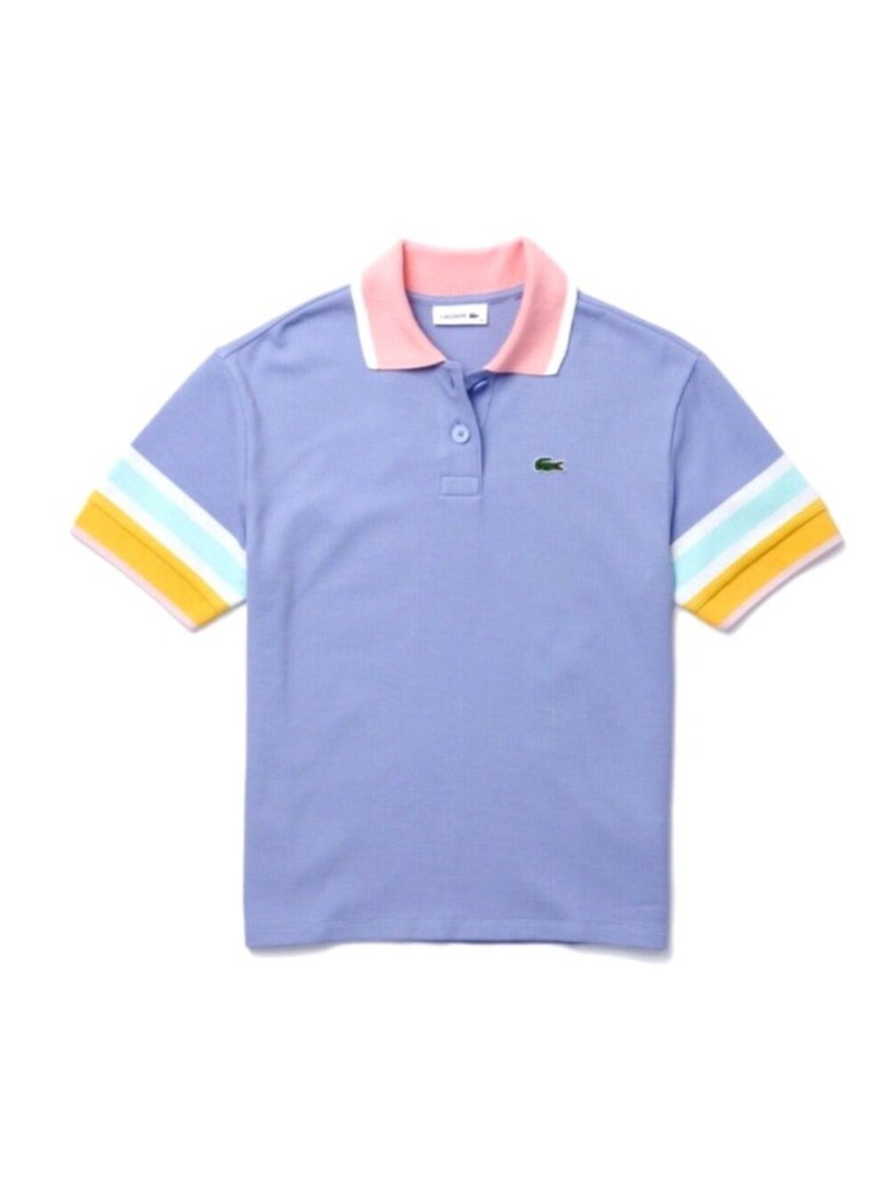 Lacoste Lavender Knit Polo with Pink Collar and Yellow Stripe - Picture 10 of 11